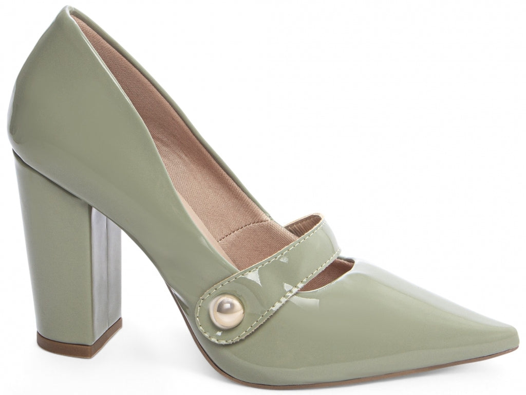 Sapato Scarpin Verniz Verde Bico Fino Salto Alto Grosso