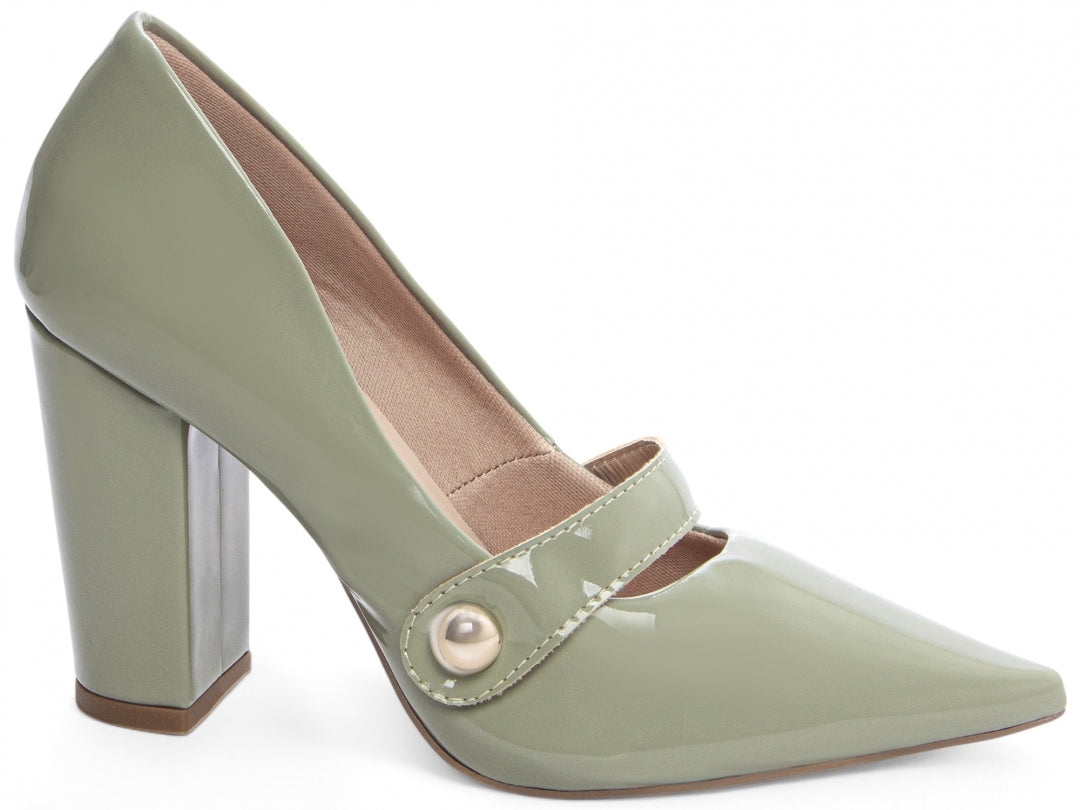 Sapato Scarpin Verniz Verde Bico Fino Salto Alto Grosso