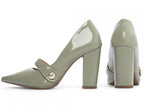 Sapato Scarpin Verniz Verde Bico Fino Salto Alto Grosso