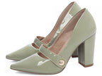 Sapato Scarpin Verniz Verde Bico Fino Salto Alto Grosso