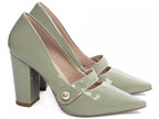 Sapato Scarpin Verniz Verde Bico Fino Salto Alto Grosso