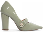 Sapato Scarpin Verniz Verde Bico Fino Salto Alto Grosso